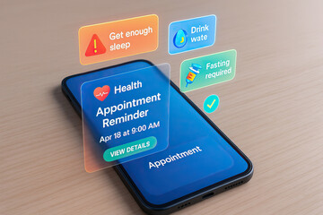 Health appointment reminder on smartphone screen with notifications for getting enough sleep, drinking water, and fasting required, digital health management concept