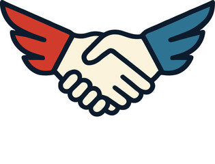 Symbolic representation of alliance and cooperation featuring a handshake with wing embellishments in flat graphic style