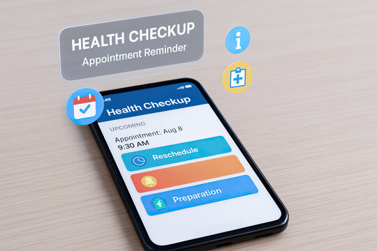Health checkup appointment reminder on smartphone screen with options to reschedule and prepare, emphasizing medical organization and timely healthcare management