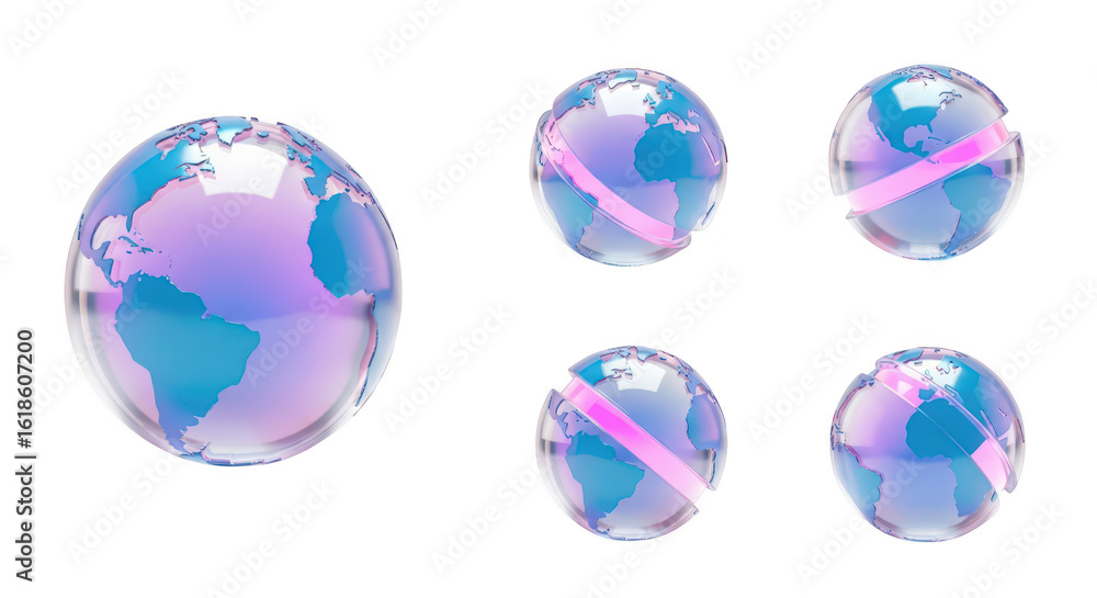 Aufkleber transparent globe models in various angles showing a ribbon cut effect isolated on white background 