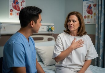 Fototapeta premium Medical consultation in hospital room with concerned middle-aged female patient and young male nurse