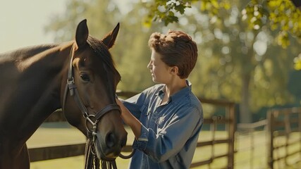 A cheerful young rider spends time grooming a horse in a tranquil setting, showcasing the bond between them during a sunny afternoon