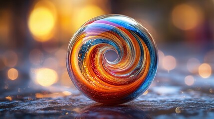 Colorful glass orb with swirling patterns on a reflective surface