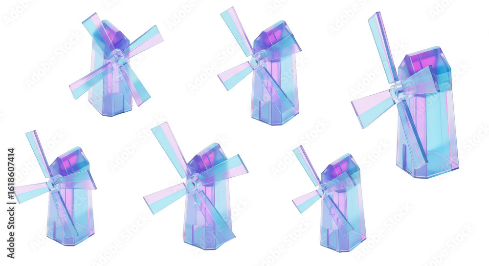 Aufkleber 3d rendered colorful glass windmills in a row on a white surface casting shadows suitable for creati