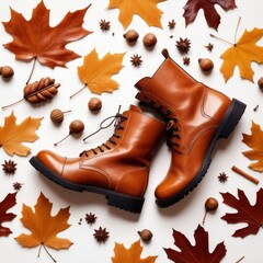 Autumn still life with boots, leaves and nuts on white wooden background