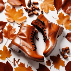 Autumn still life with boots, leaves and nuts on white wooden background