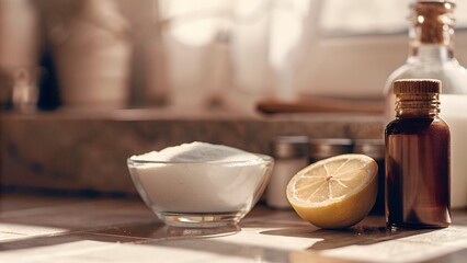 Ingredients for cooking with soda, lemon, and essential oil in kitchen  