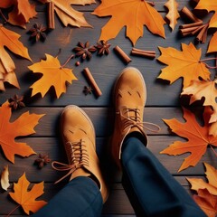 Top view of man and woman legs in brown shoes on wooden background with autumn leaves.