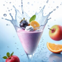 Splash of milk with fruits and berries on a blue background.