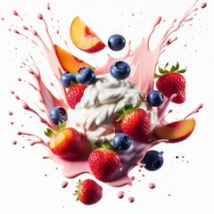 Splash of milk with fruits and berries on a blue background.