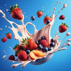 Splash of milk with fruits and berries on a blue background.