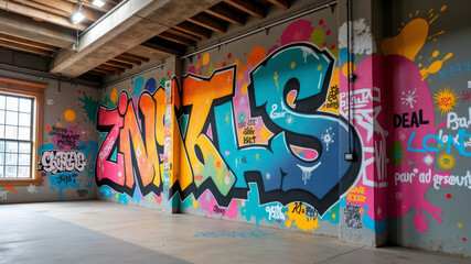 Colorful graffiti vandalism sprayed across public wall showing property defacement