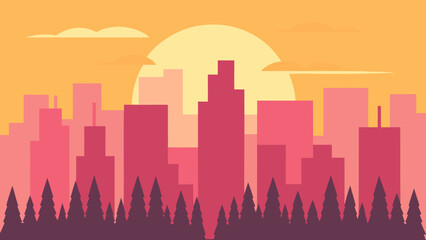 Vibrant flat urban skyline during sunrise with yellow and pink hues