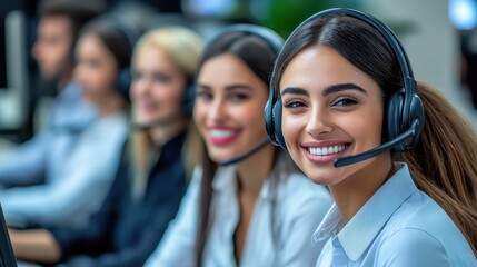A woman wearing a headset in front of a computer