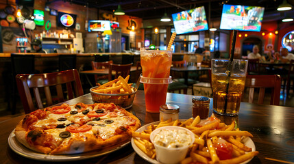 Fototapeta premium A restaurant table with pizza, fries, and drinks in front of tv screens and a bar area inside .