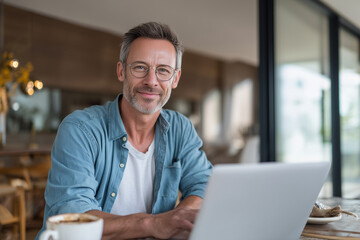 Confident middle-aged man with glasses working on laptop in cozy modern cafe with coffee cup nearby