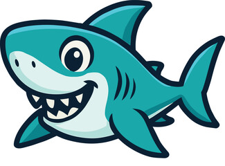 Cartoon illustration of a friendly and happy shark with a vibrant teal color, perfect for kids