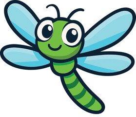 Adorable cartoon dragonfly flying upward depicted in vibrant green and blue colors isolated on white background