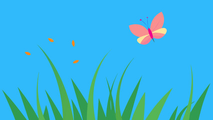 Charming grass flowers under a brilliant blue sky with a butterfly fluttering