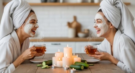 Two women enjoying spa day with face masks and tea. Wellness with friends concept