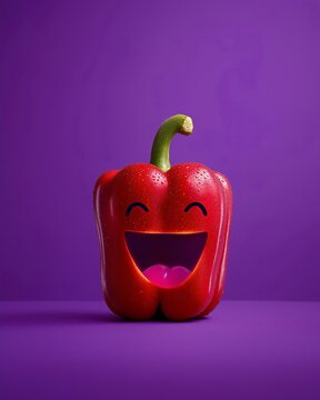 Naklejki A whimsical red bell pepper with a joyful expression. It has a green stem and smiling facial feature and a vibrant color, set against a purple backdrop