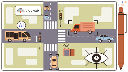 Advanced traffic system AI monitors cars, bus, truck at urban intersection with speed, signals, surveillance. Ideal for AI innovation, urban planning, smart cities, transportation technology
