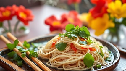 Steaming Pho noodles with fresh herbs on lacquer tray, representing Vietnam's inviting National Day cuisine.