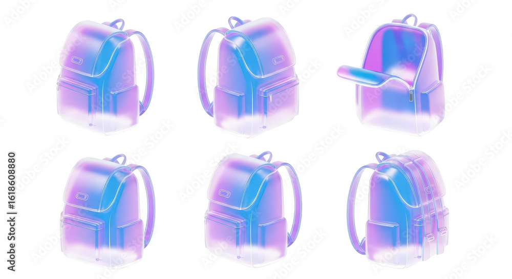 Aufkleber 3d rendered iridescent backpacks displaying multiple angles against a clean white background suitabl