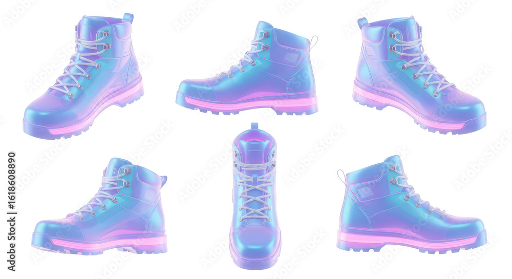 Poster rendered iridescent hiking boots isolated on a white background set display showcasing styles for di