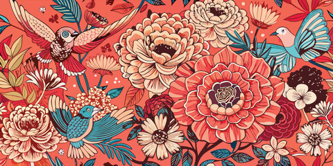 A decorative floral design showcasing various birds and butterflies amidst lush blossoms..eps