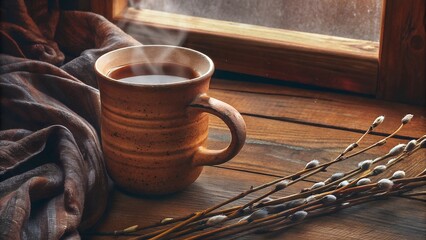 Warm cup of coffee with steam on rustic wooden table by window  