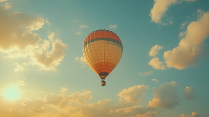 Colorful hot air balloon soaring above a sunset sky