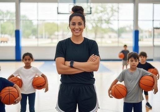Youth basketball coach leading children's training session
