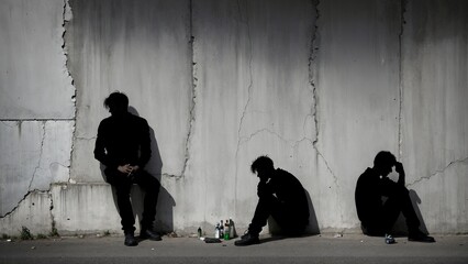The silhouette of a forlorn man, seated alone next to a cold, rough concrete wall, conveys the anguish of addiction, be it to alcohol or drugs, and the debilitating effects of anxiety on mental