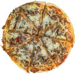 Overhead view of a freshly mozarella cheese baked pizza, sliced into eight triangular portions,...