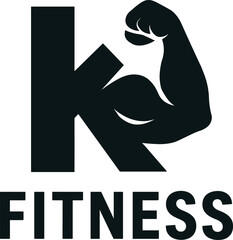 Modern minimalist fitness logo design incorporating the letter k with a muscular arm symbolizing strength and training