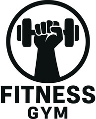 Fitness gym logo design featuring silhouette of a hand holding dumbbell symbol inside a circular frame for branding