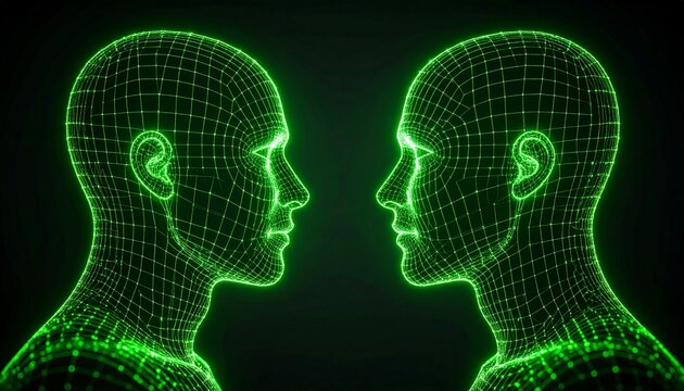 Double Wireframe Heads with Neon Green Glitch - Powered by Adobe