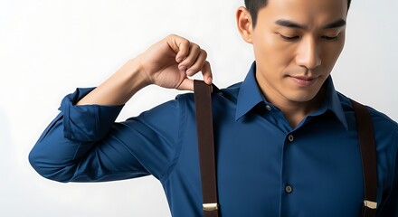 A man in a blue shirt adjusting his suspenders, looking down thoughtfully.