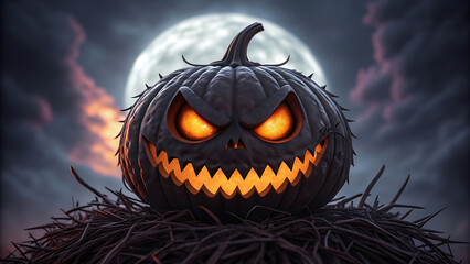 Scary jack o lantern with glowing eyes and jagged teeth under a full moon