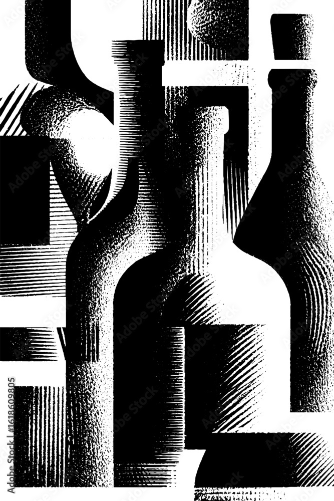 Poster abstract black and white pattern with geometric bottle shapes for retro design