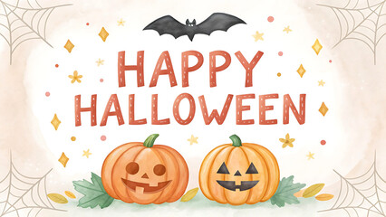 Happy halloween greeting with pumpkins and bat illustration
