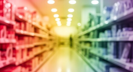 Blurred supermarket aisle with colorful products on shelves, showcasing a vibrant retail environment.