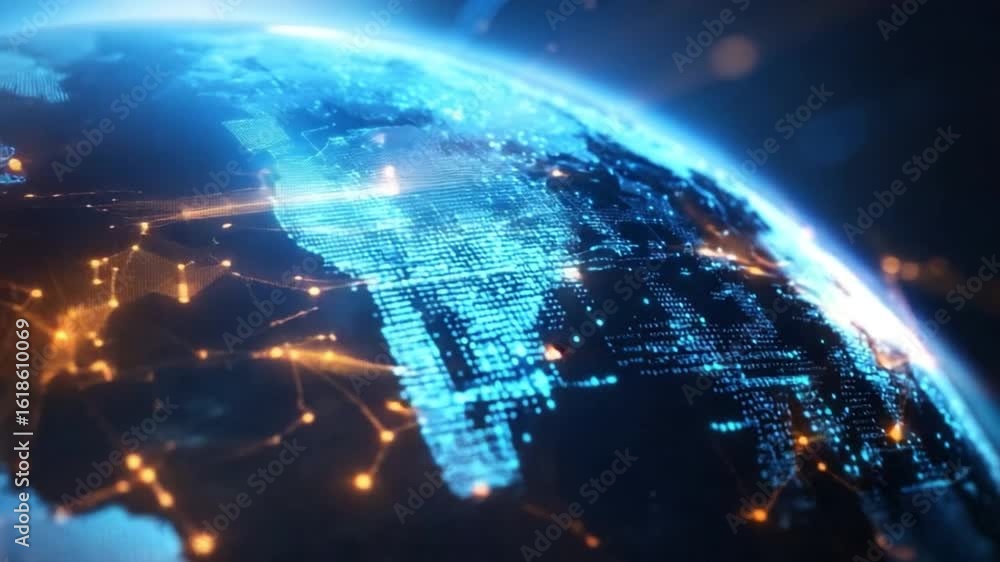 Poster global network: a mesmerizing view of earth illuminated by a network of digital pathways, showcasing