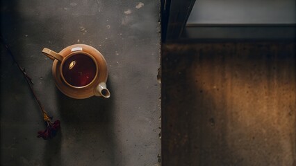 Tea in a ceramic cup on a rustic table with soft morning light  