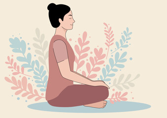 Woman meditating in lotus pose with closed eyes and serene expression. Harmony, relaxation, wellness, and mental health concept.