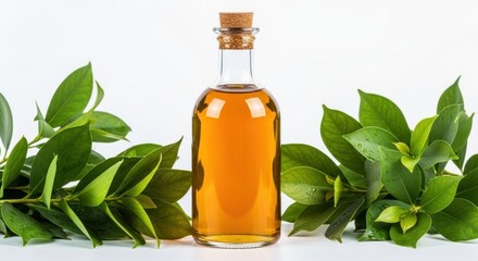 Glass bottle of amber liquid surrounded by green leaves isolated on white background