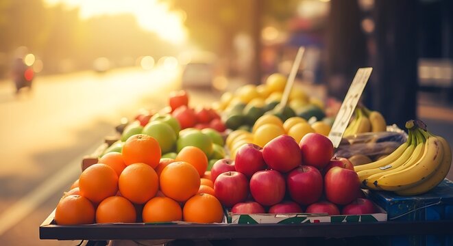 A vibrant display of fresh oranges, red apples, green apples, lemons, and bananas on a street vendor's stall, bathed in warm golden sunlight.