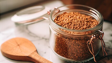 Glass jar filled with golden flaxseed on marble countertop  