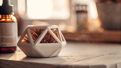 Modern aromatic diffuser with pine sticks on wooden table  